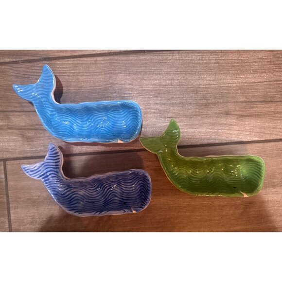 Set Of 3 Mudpie Whale Shaped Dip Bowls Nuts Trinket Dish Bright Colors - Picture 1 of 2